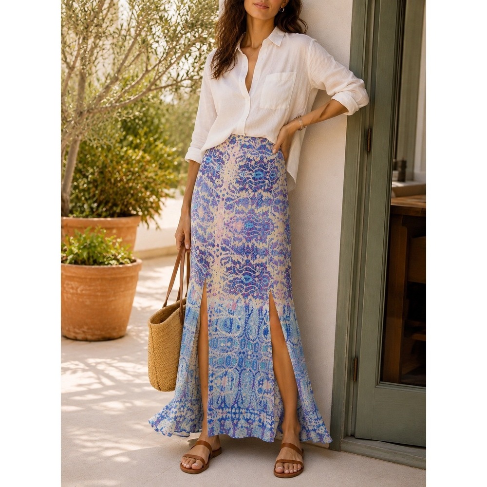 Maeve Anthropologie Waimea 100% Silk Paisley Maxi Skirt Blue Pink  Slit Lined  M